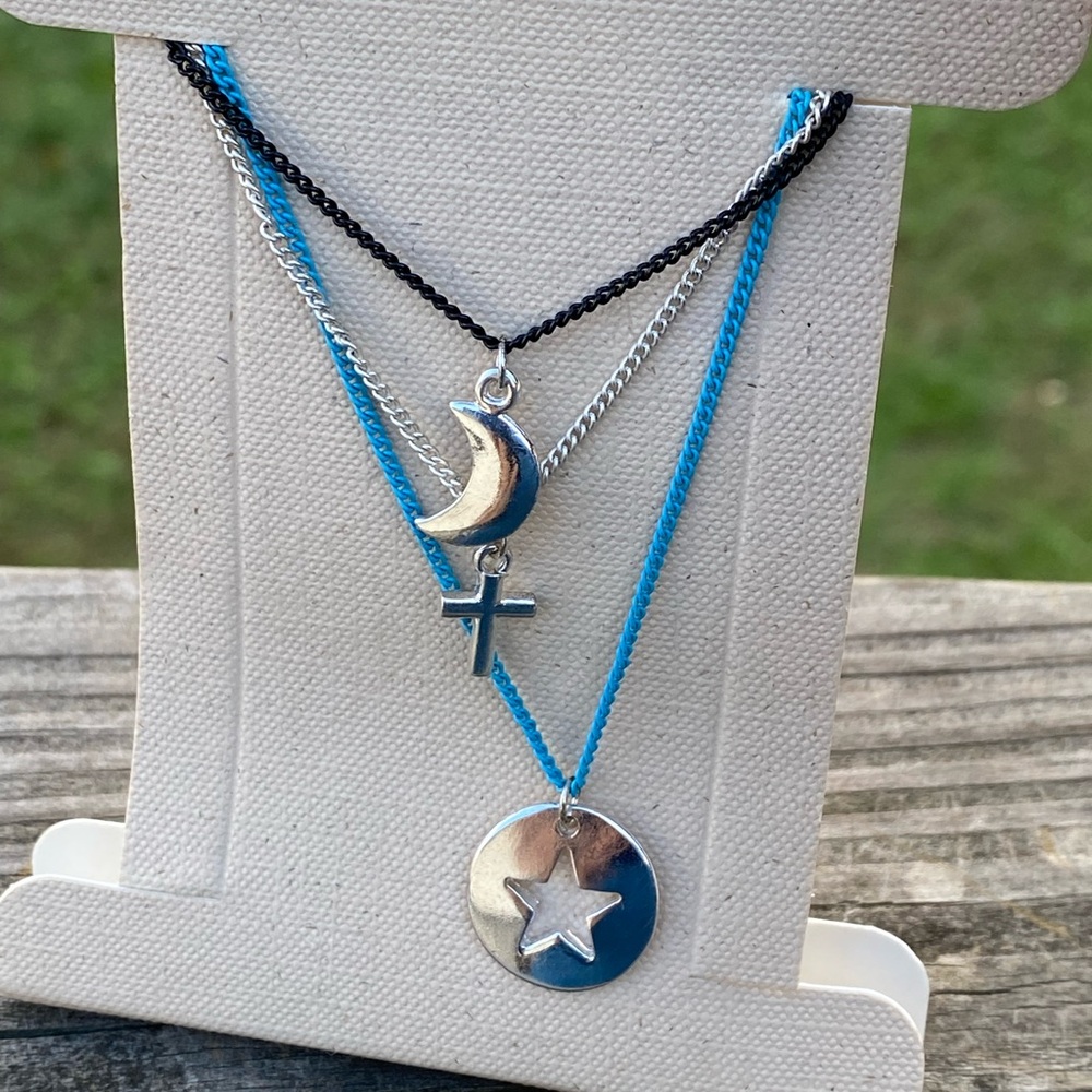 Arizona jean triple necklace Moon Cross Star black silver turquoise chains NWT